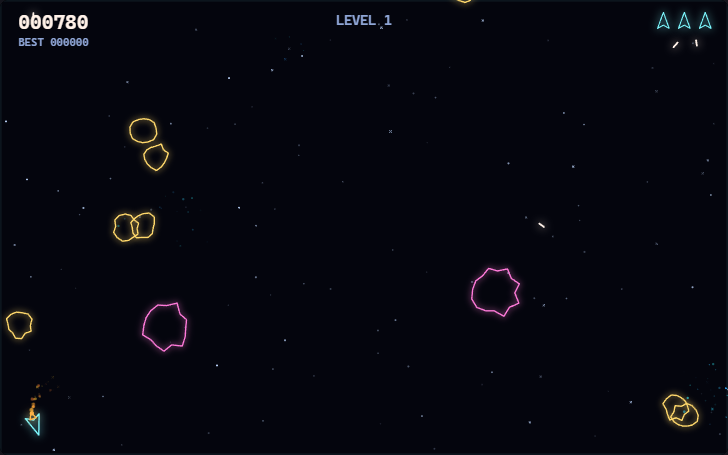 Neon Drift in play: a small ship thrusting through glowing yellow and pink asteroids, with the score and lives at the top.