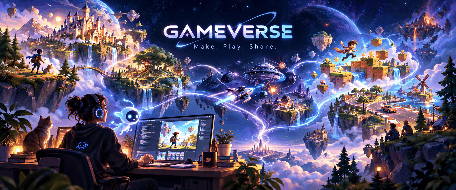 Gameverse. Make. Play. Share. A floating fantasy world of castles, spaceships and platformer islands, with a game maker at a desk building it all.